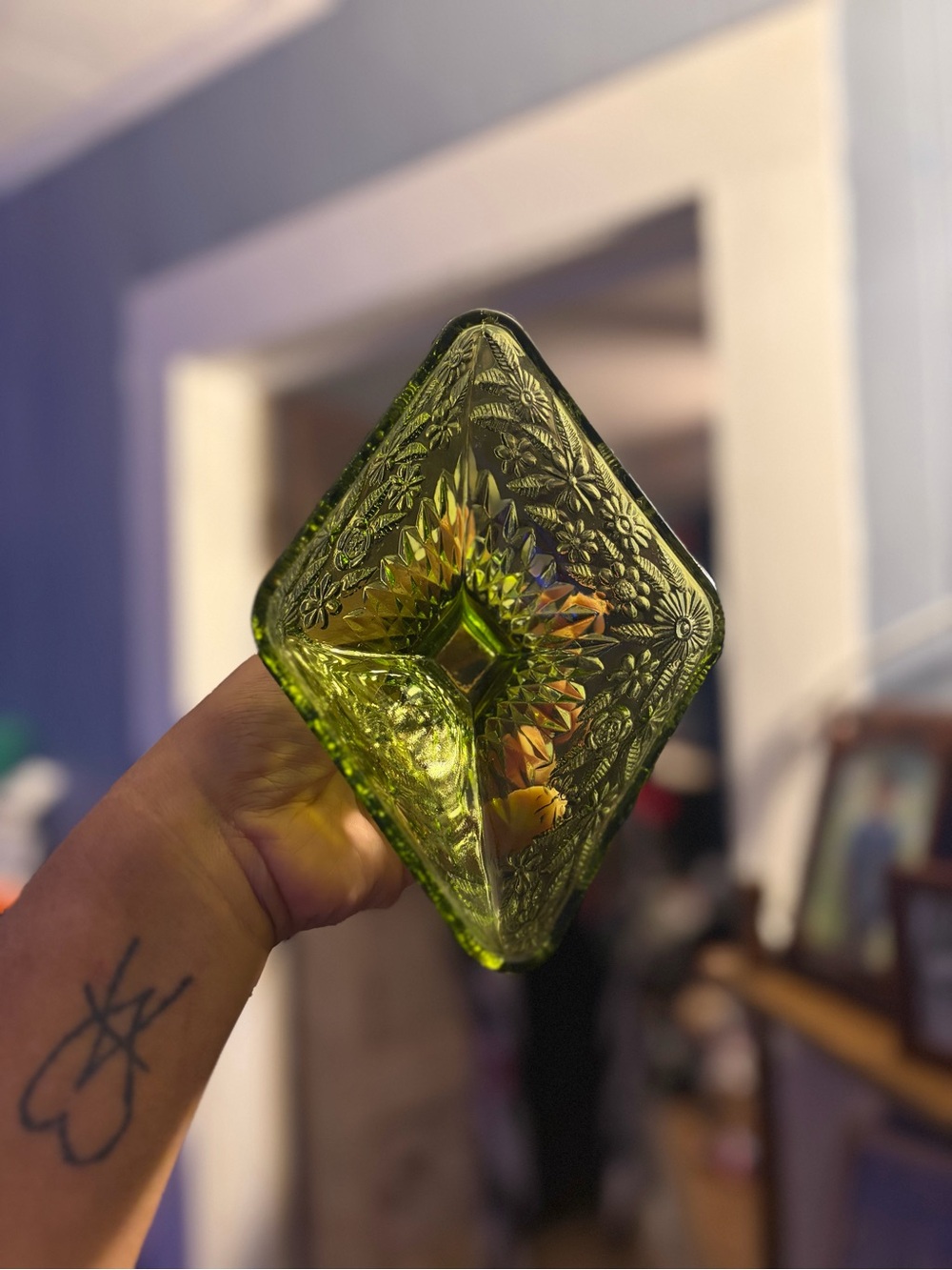 Green Glass Pedestal Bowl - Home Art Indiana glass Diamond Candy trinket dish - Picture 2 of 3